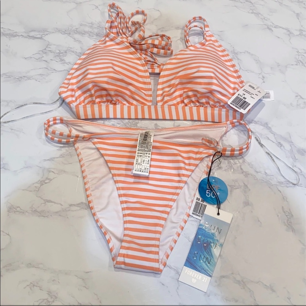Peach stripped forever21 swimsuit bikini set